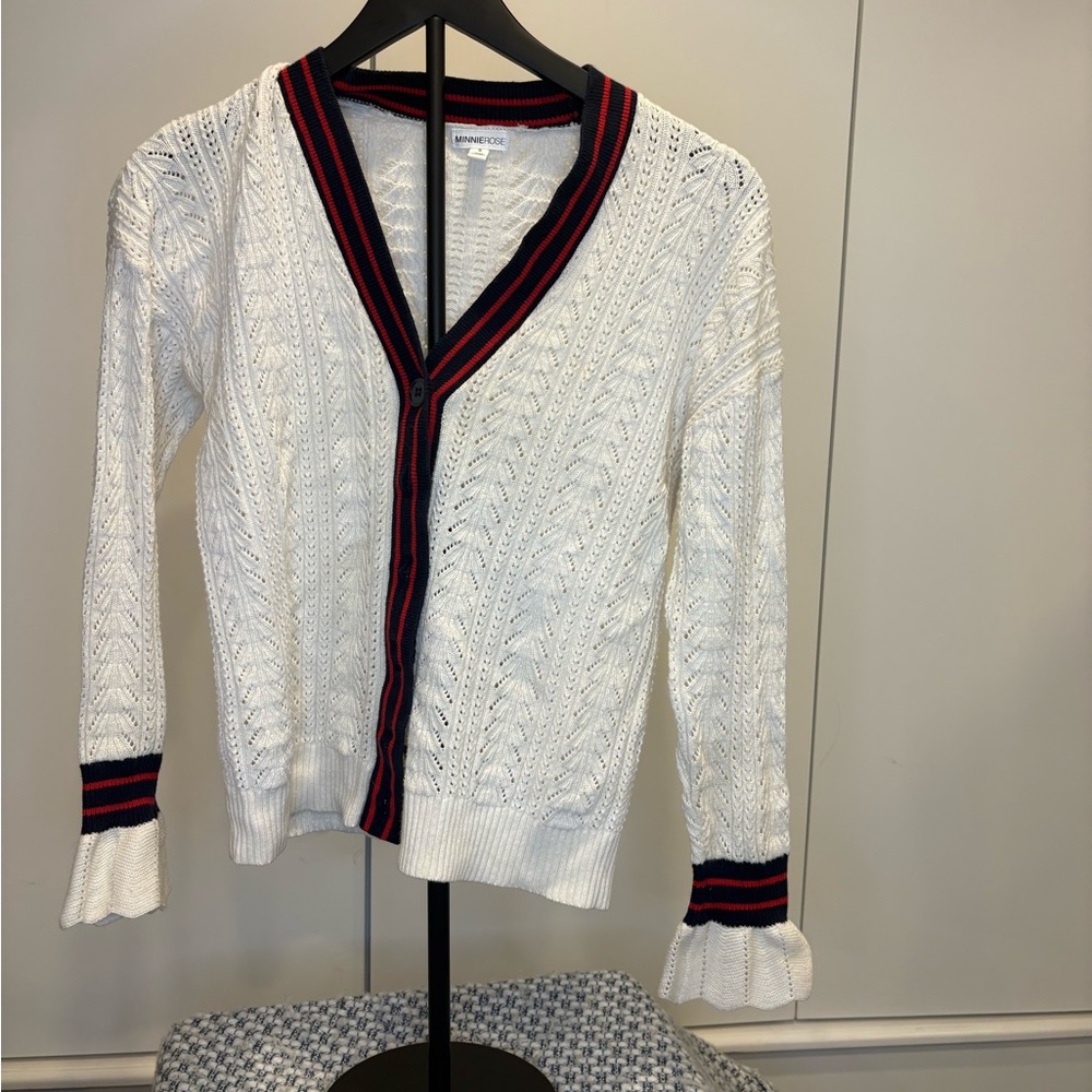 Minnie Rose White Cardigan with Navy and Red Trim